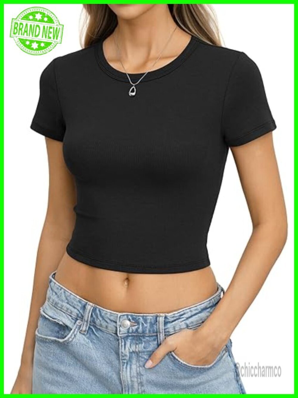 Crew Neck Crop Top - Cotton Ribbed Short Sleeve Fitted Tee